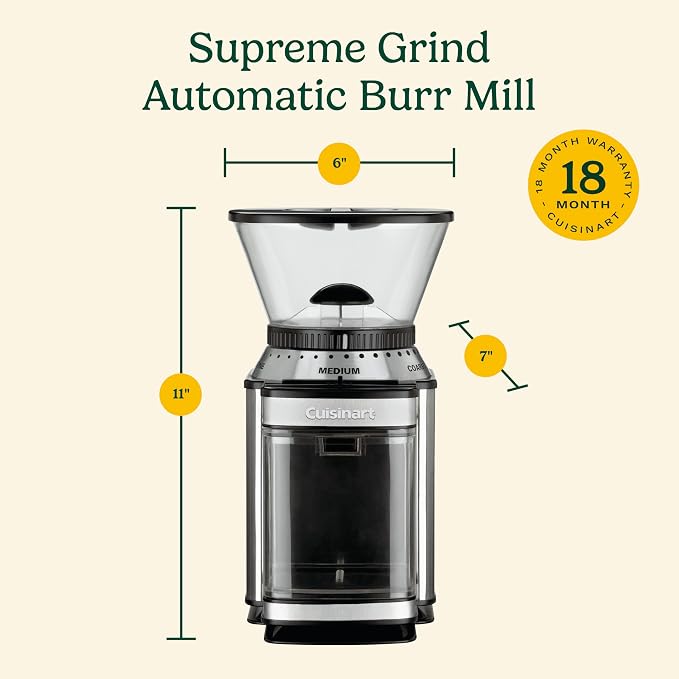 Cuisinart Electric Burr Coffee Grinder, 18-Position Selector, 4-18 Cups | Flat burr coffee bean grinder with 18 options, fine to coarse, & removeable, easy-to-clean 8 oz bean hopper, DBM-8P1