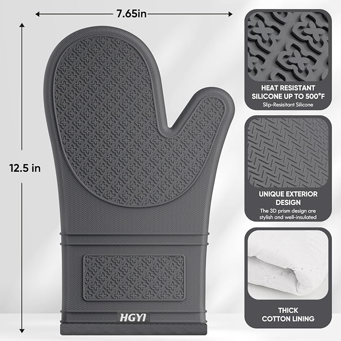 Silicone Oven Mitts, Heat Resistant Oven Gloves with Quilted Liner, Waterproof & Non-Slip Kitchen Mittens for Baking Cooking BBQ, 500°F, 12.5"-Deep Gary