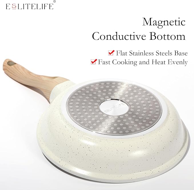 ESLITE LIFE Nonstick Ceramic Frying Pan Skillet with Lid, Non-Toxic Egg Omelette Kitchen Cooking Pans Compatible with All Stovetops (Gas, Electric & Induction), PTFE & PFOA Free (White, 8" w/Lid)