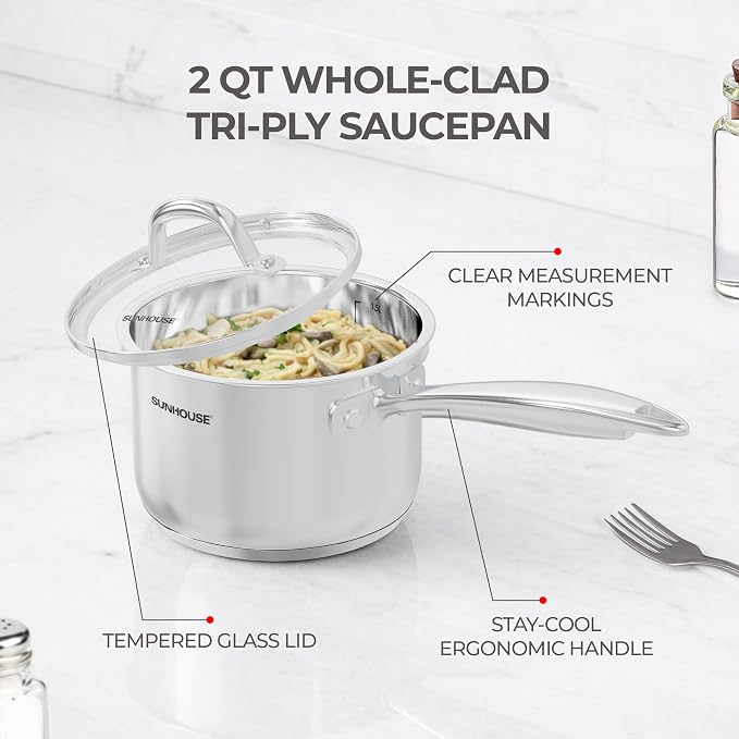 SUNHOUSE 2 QT Stainless Steel Saucepan with Lid, 3-Ply Small Sauce Pot | 18/10 Stainless Steel Pot For Cooking - Induction Compatible Milk Pan - PFOA Free, Oven & Dishwasher Safe Sauce Pan