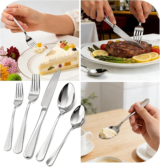 20 Piece Silverware Set, Kitchen Utensils Set for Restaurant & Home, Stainless Steel Cutlery Set, Flatware Set include Forks, Knives, Spoons, Household Essentials for New Home, Silver