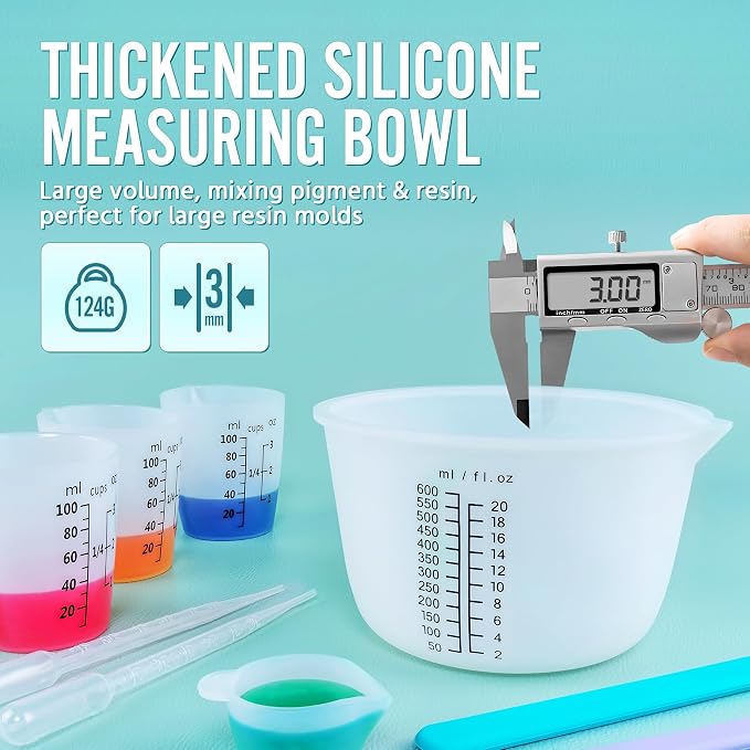 Silicone Resin Mixing Measuring Cups for Resin Supplies, Easy-to-Read Marks, 600ml/20oz Bowl, 250&100ml Thickened Reusable Silicone Cups for Epoxy Mixing, with Stir Sticks, Jewelry Making