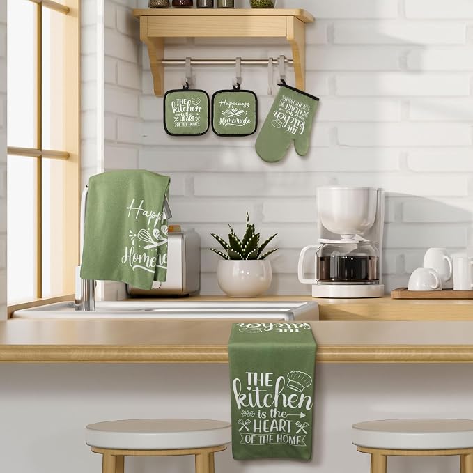 Sratte 6 Pcs Kitchen Decor Accessories Set, Kitchen, Green | Farmhouse Kitchen Towels Pot Holders Oven Mitts Set 2 Dish Towels 2 Potholders 2 Cooking Mittens for Baking Cooking Supply