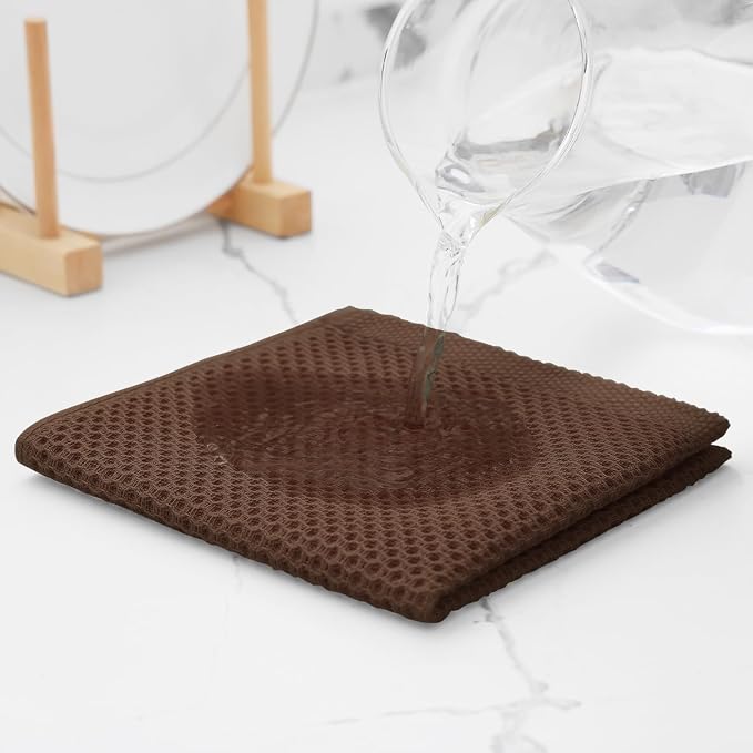 Kitinjoy 100% Cotton Waffle 6-Pack Kitchen Towels, 12" x 12", Coffee | Ultra Absorbent, Super Soft, lightweight, Quick Drying Dish Rags for Washing Dishes