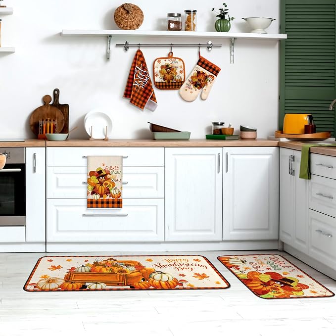 Fanfanwin 10 Pcs Fall Thanksgiving Turkey Kitchen Decor Set Kitchen Towels Pot Holders Oven Mitts and Rugs Set Thanksgiving Towels for Baking Cooking BBQ Autumn Home