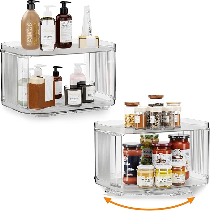 Lazy Susan Organizer for Cabinet, Pantry, Countertop (2 Tier 14" x 10" Clear - 2 Pack, Rectangular)