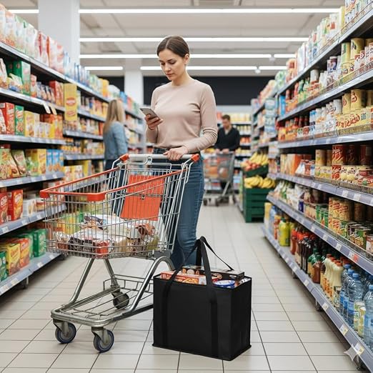 Bodaon 1PK Insulated Grocery Bags with Reinforced Baseboard, X-Large, Black | Reusable, Heavy Duty, Cooler Tote for Stability & No Sag, Thermal Bag for Hot Cold Food, Delivery, Shopping, Travel, Camping