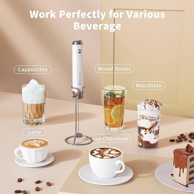 Maestri House LunaFro Rechargeable Milk Frother,Stand & 2 Detachable Whisks | 8000RPM Turbo Motor, 1200mAh lithium battery, Handheld Milk Frother for Lattes, Cappuccino, Matcha & Powdered Supplements