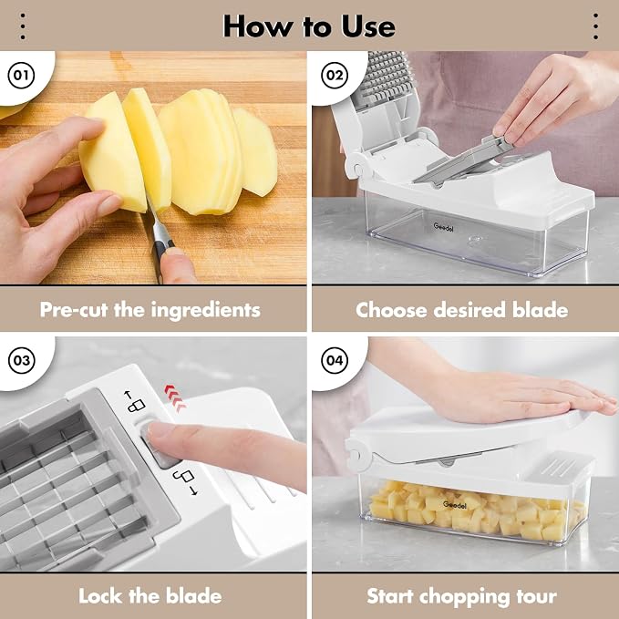 Geedel Vegetable Chopper with Container, 4 in 1 Food Chopper Veggie Slicer | Onion Chopper, 420 Stainless Steel, Safety Lock, Dishwasher Safe, No BPA, Cleaning Brush Included, for Vegetables, Cheese