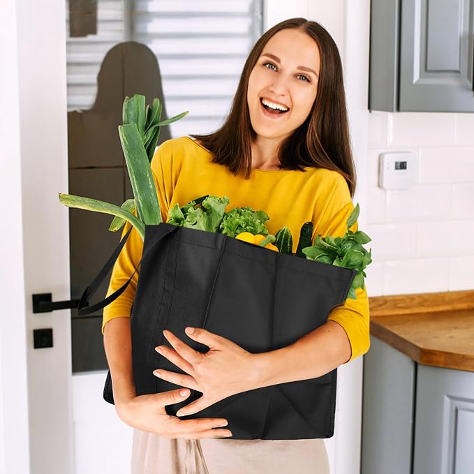 Reusable Grocery Shopping Bags 10 Pack Large Foldable Tote Bags Bulk | Eco Produce Bags with Long Handle for Shopping Groceries Clothes (Grey&Black)