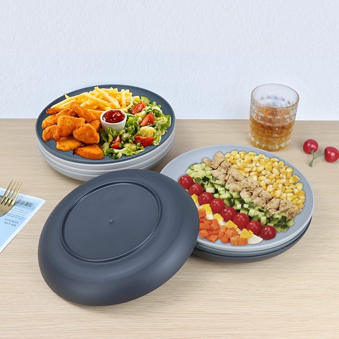Deep Dinner Plates Set of 8 Alternative for Plastic Plates Microwave and Dishwasher Safe Wheat Straw Plates for Kitchen Unbreakable Kids Plates for Dessert, Salad (Black Grey, 10 inch)