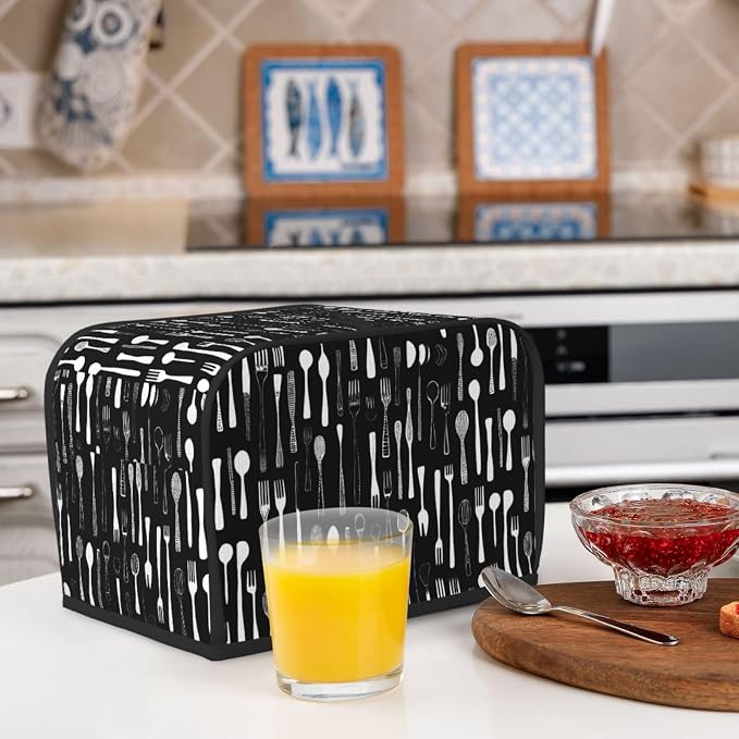 2 Slice Toaster Cover Fork Spoon Pattern Black Dust Proof Washable Kitchen Appliance Cover with Pocket, Oxford Fabric Countertop Toaster Protector for Standard Toasters Small Appliances