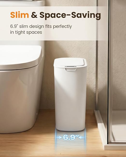 Cesun 5 Gallon Automatic Bathroom Trash Can with Lid, White, Touchless | Motion Sensor, Slim, Small Smart Garbage Bin, Plastic, Battery Operated, Manual Button, for Office/RV/Bedroom/Living Room