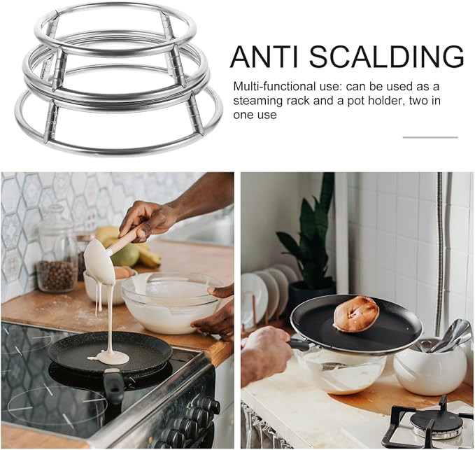 2Pack Round Stainless Steel Pot Holders Heat Resistant Wok Stand and Steam Rack for Gas Stove Kitchen Organizer Space-Saving Cookware Holder