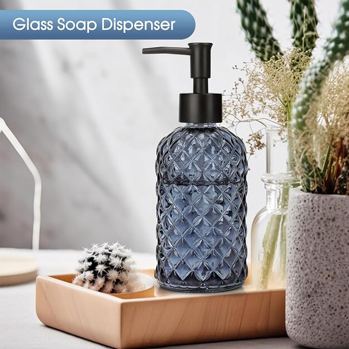Topsky Gem Glass Soap Dispenser with Black Plastic Pump, 13oz Liquid Hand Soap Dispenser, Rustproof Pump for Kitchen & Bathroom, Great for Lotions, Essential Oil, Liquid Soaps-Grayish Blue