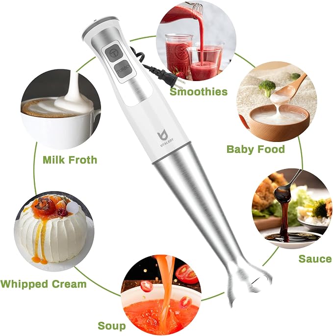 UTALENT 3-in-1 Immersion Hand Blender - Puree Baby Food, Sauces and Soups | 8-speed stick blender, Pure Copper Winding Motor, 5.2 feet power cord, 4-point Ice crush SS blade, Egg whisk, Milk frother