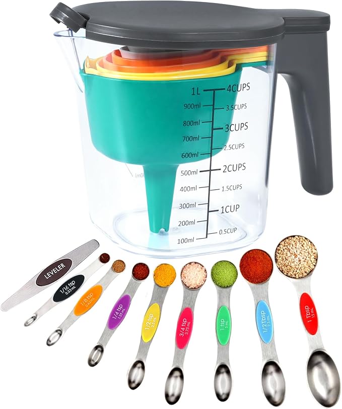 19-Pc Magnetic Measuring Cups and Spoons Set, with Lid, Rainbow | Includes 1 cover, 9 stackable cups set & 9 multicolor magnetic spoons, BPA-free & dishwasher safe, for liquid & dry baking