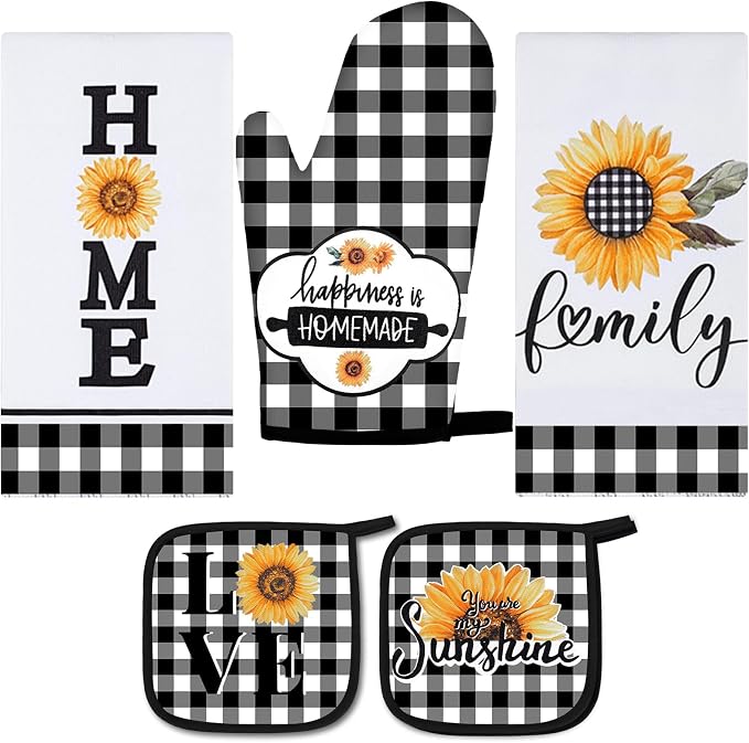 5 Pcs Buffalo Plaid Kitchen Towels Oven Mitts and Pot Holder Set,Sunflower | Sunflower Checkered Kitchen Decor, Black White Kitchen Towel Oven Glove, Sunflower Farm House Accessory Decor, High Quality
