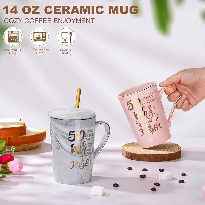 50th Wedding Anniversary for Couples, Gifts for Golden 50th Anniversary | 14Oz Ceramic Marble 50 Year Coffee Mug Set Gift for Parents Grandparents, with Real Gold Foil, Greeting Card, Gift Box