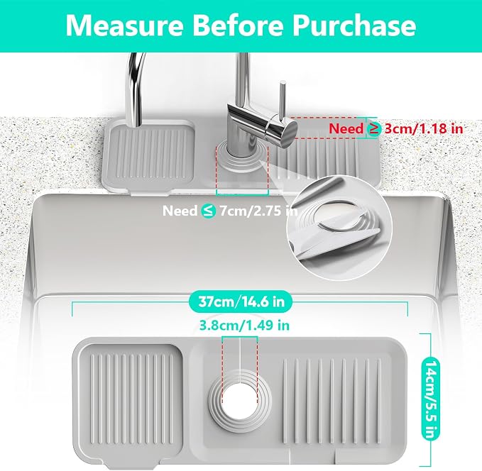 14.6'' Faucet Mat for Kitchen Sink [5°Slope Fast Self-draining] Kitchen Sink Splash Guard Silicone Kitchen Sink Faucet Mat Splash Guard for Kitchen Sink Area Faucet Guard Draining Mat Light Gray