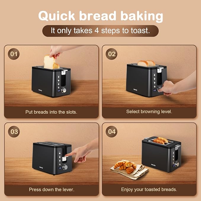 Mecity Toaster 2 Slice Stainless Steel Body, Timer, Bagel, Defrost, Reheat, Cancel Functions, Warming Rack, Removable Tray, 6 Browning Settings, Extra Wide Slots, Bread Toaster, 120V 800W Black