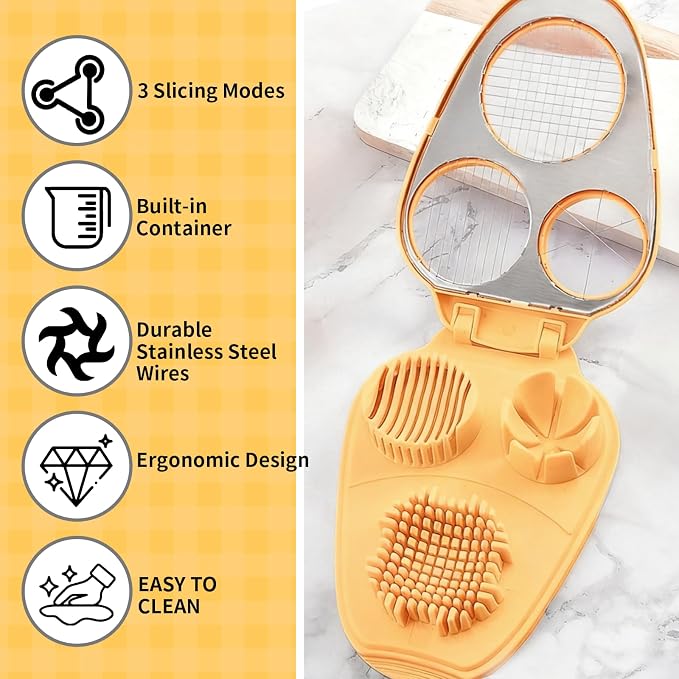 3 in 1 Egg Slicer for Hard Boiled Eggs with Cleaning Brush | Three Cutting Modes for Slices, Wedges and Dices, Egg Cutter&Fruit Slicer, Heavy Duty, Stainless Steel Wires, Dishwasher Safe