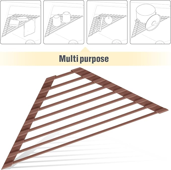 Tomorotec Triangle Roll Up Dish Drying Rack with Silicone Coating, Brown | 304 Stainless Steel with BPA-Free Silicone, Triangle Design Maximizes Sink Corner Space, Fits Compact Kitchens And RVs