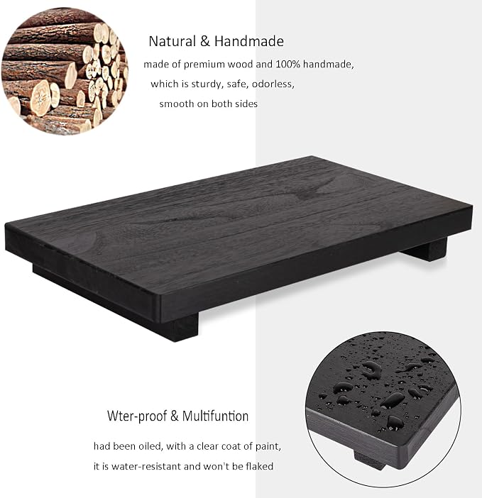 Wood Bathroom Tray Farmhouse Decor Kitchen Soap Holder, 11.8"x7" Black | Waterproof, Lightweight, Easy Clean, Small Wooden Riser Pedestal Stand Accessories for Office Desk, Vanity, Counter, Sink