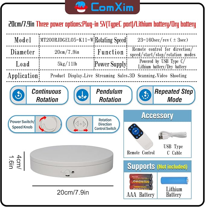 Motorized Rotating Display Stand with Remote, 7.87in 360 Electric Turntable for Display,Photography,3D Scanner Models, Motorized Lazy Susan and Photography Turntable Control Angle/Speed,Step/Swing/Continuous Rotation