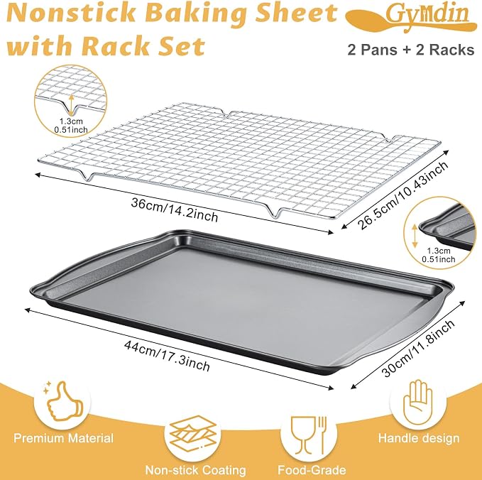 Baking Sheet with Cooling Racks - 17'' x 11" x 0.5" Carbon Steel Cookie Sheets for Baking [2 Sheets + 2 Racks], Nonstick Baking Pans, Perfect for Baking, Roasting, and More