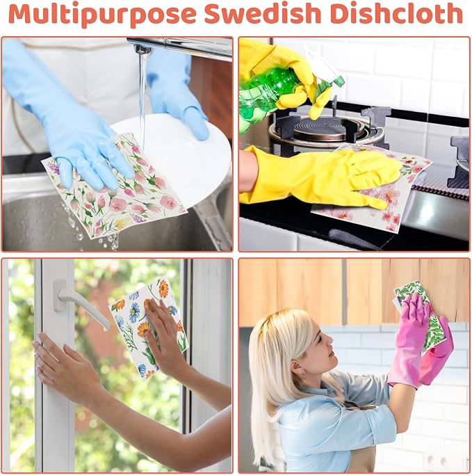 Needbrock 6 Pack Spring Floral Swedish Dishcloths for Kitchen, Swedish Rag | Absorbent Dish Towel with Adhesive Clips, Reusable Paper Towels No Odor for Countertop Dishes Cleaning Kitchen