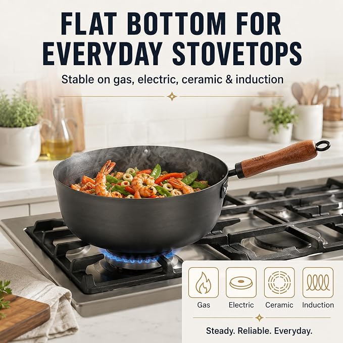 4 Qt Nitrided Carbon Steel Deep Wok with Lid, Flat Bottom | Deep 4 Qt nitrided steel for braising, soups, noodles and one-pot meals; wooden handle; gas, electric and induction ready.