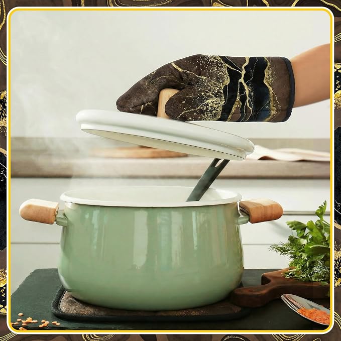 Leinuosen Brown and Gold Marble 8 Pcs Kitchen Towels and Dishcloths Sets Oven Mitts and Pot Holders Absorbent Kitchen Gloves Potholders Heat Resistant for Chef Baking Cooking