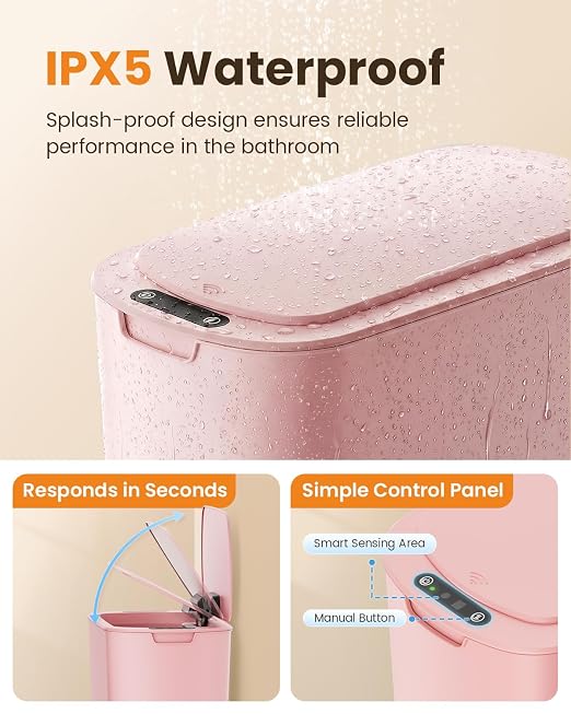 Cesun 5 Gallon Automatic Bathroom Trash Can with Lid, Pink, Touchless | Motion Sensor, Slim, Small Smart Garbage Bin, Plastic, Battery Operated, Manual Button, for Office/RV/Bedroom/Living Room