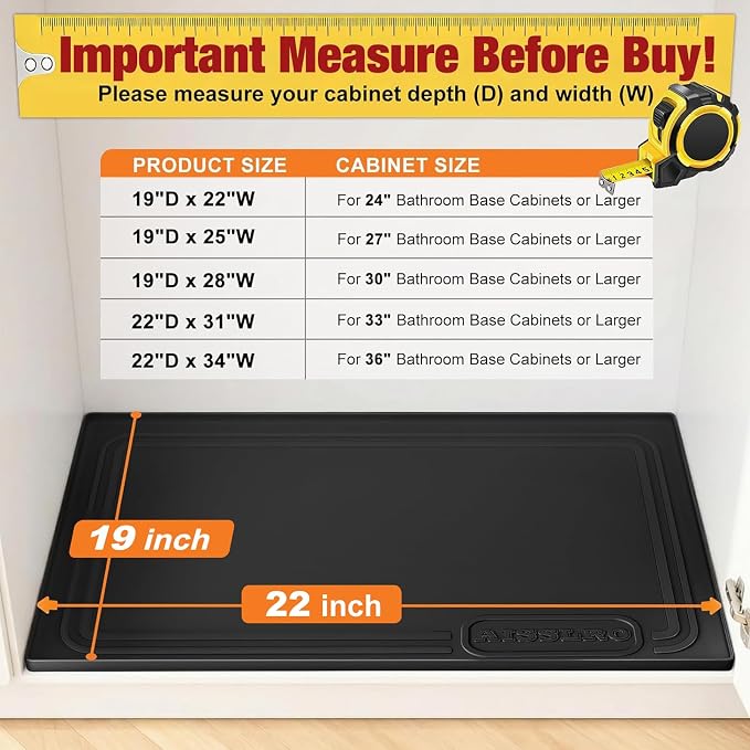 Under Sink Mat 22 X 19, Waterproof Silicone Cabinet Kitchen Liner, Black | BPA-Free Raised-Edge Cabinet Protector & Leak Tray for Bathroom Cabinets, Boots, Pet Feeding Dog & Cat Mats, Dishwasher Safe