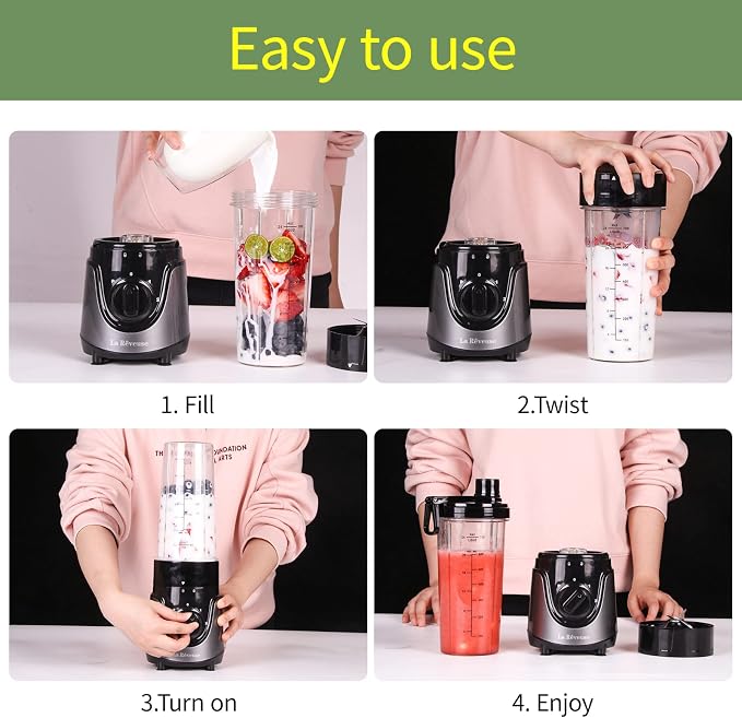 La Reveuse Personal Size Blender with 24oz. To-Go Cup, 300W, Gray, LARB2201 | Making Protein Shakes, Smoothies, Seasonings, Portable BPA-free Cup with (1) Spout Lid, 2 Speed Pulse Switch, Dishwasher Safe