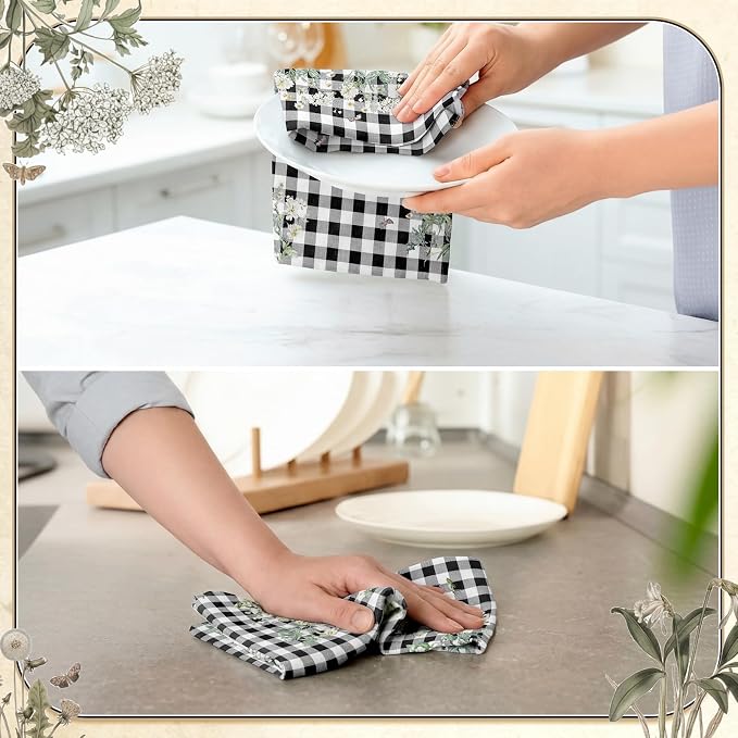 4 Pcs Eucalyptus Kitchen Towels Sage Green Hand Dish Towels Gifts | Absorbent Black White Plaid Fast Drying Decor Housewarming Gift for Cooking Bathroom Kitchen Decor