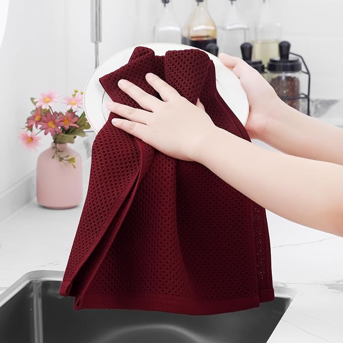 Homaxy 100% Cotton Waffle Weave Kitchen Dish Towels 12-Pack, Burgundy | 13 x 28 Inches, Ultra Soft Absorbent Dish Towels, Quick Drying Cleaning Towels