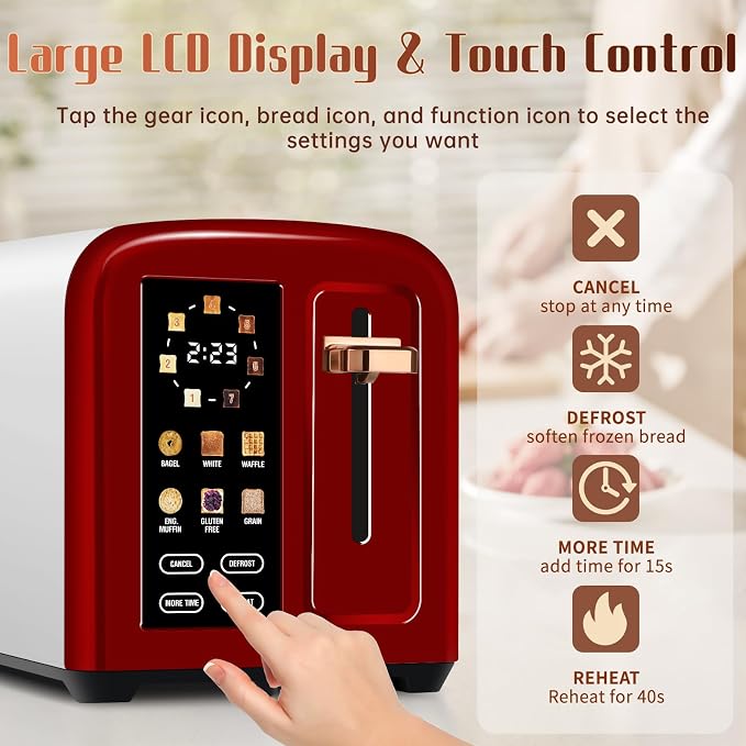SEEDEEM 2-Slice Touchscreen Toaster, Stainless, 7 Shade, 1350W, Red