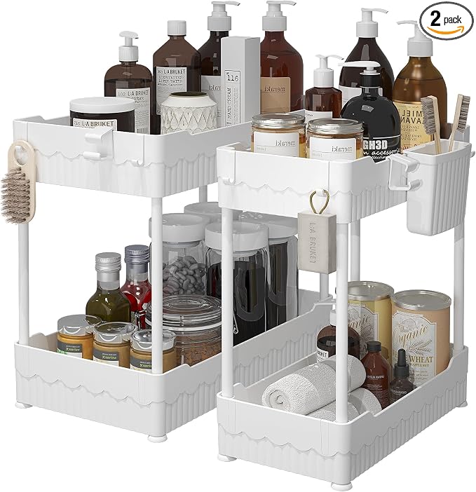2-Pack Under Sink Organizer with Hooks & Hanging Cup for Kitchen | Multi-use kitchen & bathroom storage, 14.8 inch white cabinet organizer, with hooks and hanging cup for easy access.