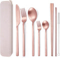 AARainbow 8 Pieces Stainless Steel Flatware Set Portable Reusable Cutlery Set Travel Utensils Set Including Chopsticks Knife Fork Spoon Straws Cleaning Brush Dishwasher Safe (B-Rose Golden)