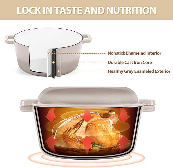 TeamFar 5qt Dutch Oven, Pre-seasoned Cast Iron for Bread Baking, Khaki | 2-in-1 Bread Pan with Skillet Lid, Oven & Stovetop Safe for Baking Frying Stewing Grilling, Home Use Or Outdoor Camping