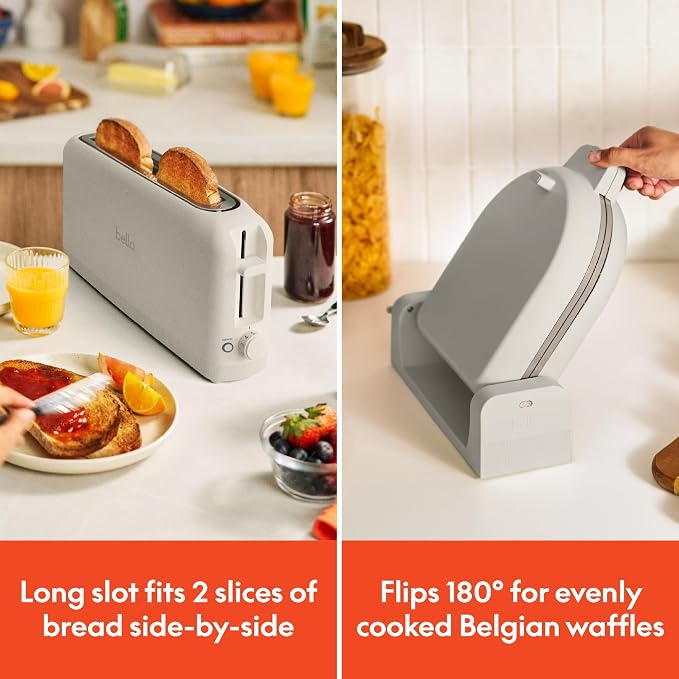 BELLA 2 slice Slim toaster + Flip-n-Store Ceramic Waffle Maker, Fits-anywhere™ Kitchenware, Waffle Iron w with EverGood™ Ceramic Nonstick Coating & Smart Toaster w 6 Shades Control, Oatmilk