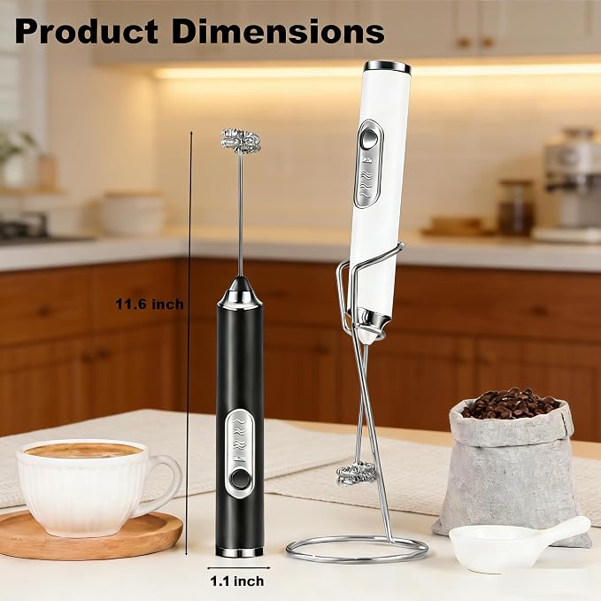 Milk Frother Handheld for Coffee, Hand Frother Wand, Electric Whisk 3 Speed Adjustable, Drink Mixer with Stainless 2 Whisks, Foam Maker for Latte Cappuccino Matcha