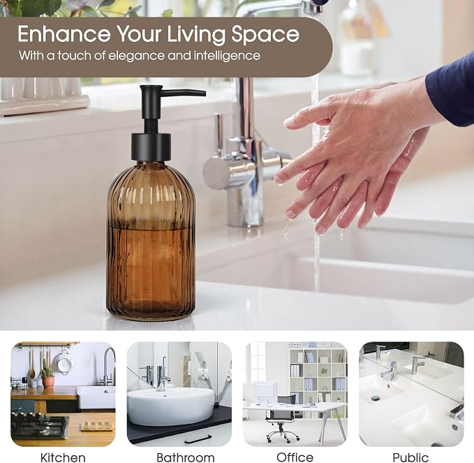 13.5oz Stripe Glass Soap Dispenser with Black Plastic Pump, 400ml Liquid Hand Soap Dispenser, Rustproof Pump for Kitchen & Bathroom, Great for Lotions, Essential Oil, Liquid Soaps-Amber