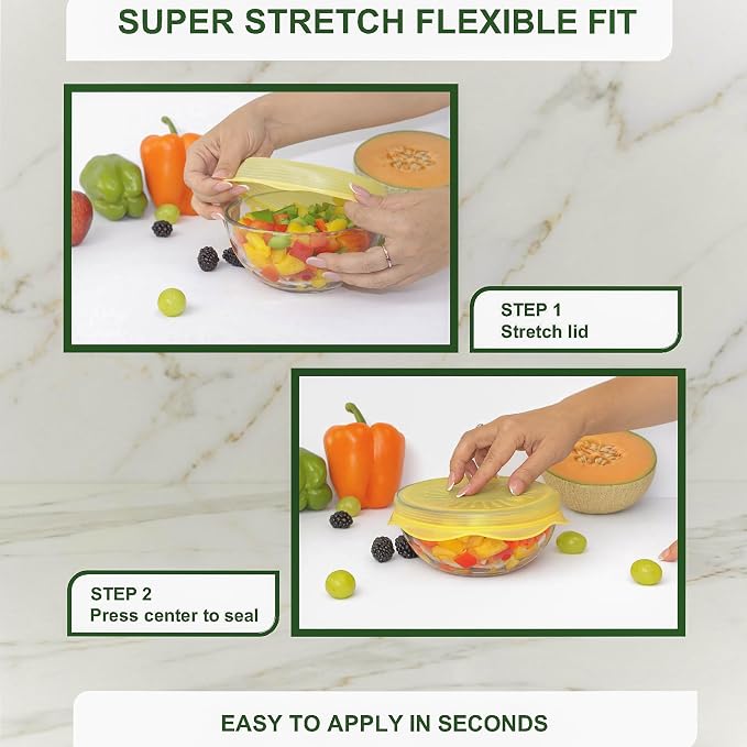 Silicone Stretch Lids 6 PCS – Airtight Reusable Food Covers for Bowls & Containers, Multi Size Flexible Silicone Lids, Leak Proof, BPA Free, Microwave Dishwasher & Freezer Safe
