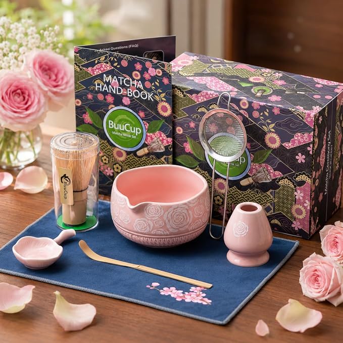 Buucup Matcha Whisk Set, Ceramic Matcha Kit with Bowl & Tools, Rose Pink | 7-piece set includes ceramic bowl, bamboo whisk, scoop, holder, rest, sifter and tea towel for home matcha preparation.