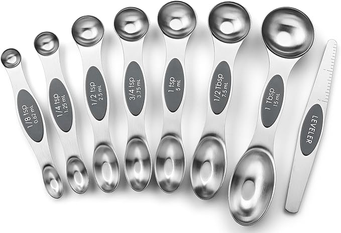 Spring Chef Stainless Steel Magnetic Measuring Spoons Set of 8, Gray | Stackable Metal Teaspoon & Tablespoon Measuring Spoons with Leveler for Dry & Liquid Ingredients, Dual Sided, Dishwasher Safe