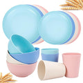 Rubtlamp Wheat Straw Plates and Bowls sets, Reusable Plastic Plate Set for 4, Kitchen Wheat Straw Dinnerware Sets (Spring Four Colors) Include Dinner Platos, Dessert Platos, Cereal Bowls, Cups