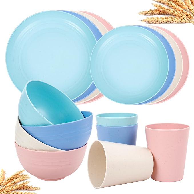 Rubtlamp Wheat Straw Plates and Bowls sets, Reusable Plastic Plate Set for 4, Kitchen Wheat Straw Dinnerware Sets (Spring Four Colors) Include Dinner Platos, Dessert Platos, Cereal Bowls, Cups